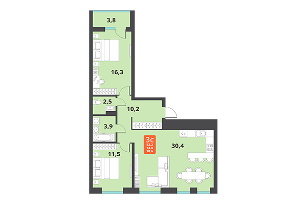 3-комнатная квартира 78,60 м² в ЖК Тайгинский парк. Планировка