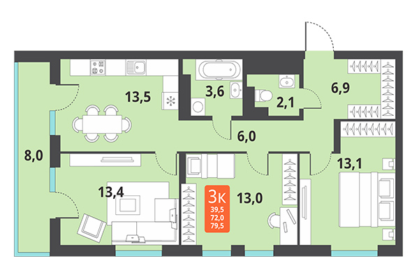 3-комнатная квартира 79,50 м² в ЖК Тайгинский парк. Планировка