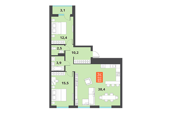3-комнатная квартира 86,00 м² в ЖК Тайгинский парк. Планировка