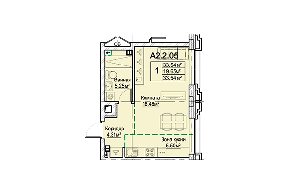 Студия 33,54 м² в ЖК Кварталы Немировича. Планировка