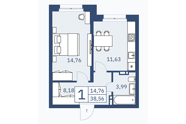 1-комнатная квартира 38,56 м² в ЖК ZOE. Планировка
