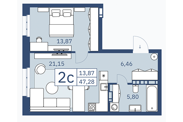 2-комнатная квартира 47,28 м² в ЖК ZOE. Планировка