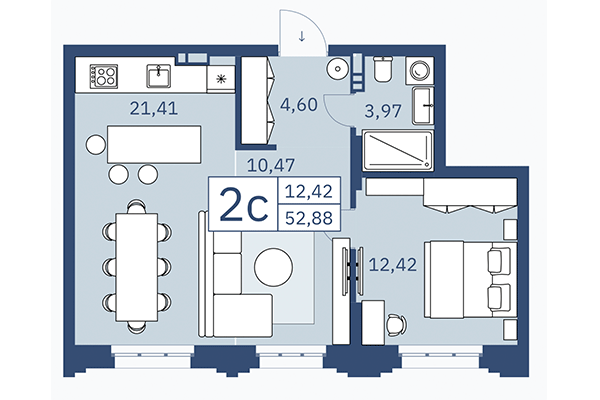 2-комнатная квартира 52,88 м² в ЖК ZOE. Планировка