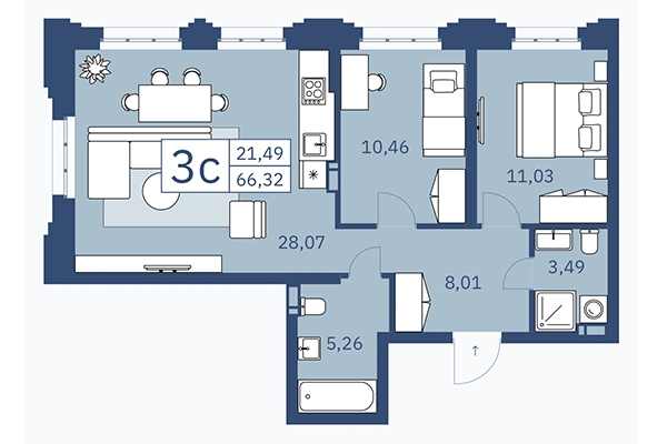 3-комнатная квартира 66,32 м² в ЖК ZOE. Планировка