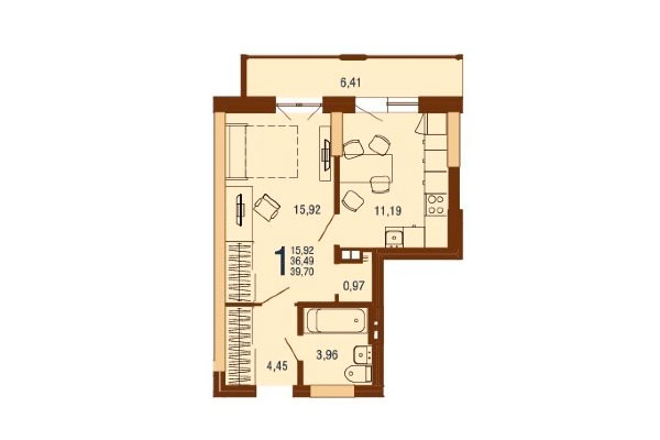 1-комнатная квартира 39,70 м² в Дом на Доватора. Планировка