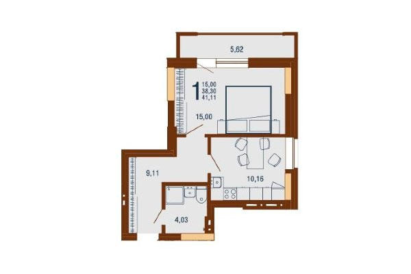 1-комнатная квартира 41,11 м² в Дом на Доватора. Планировка