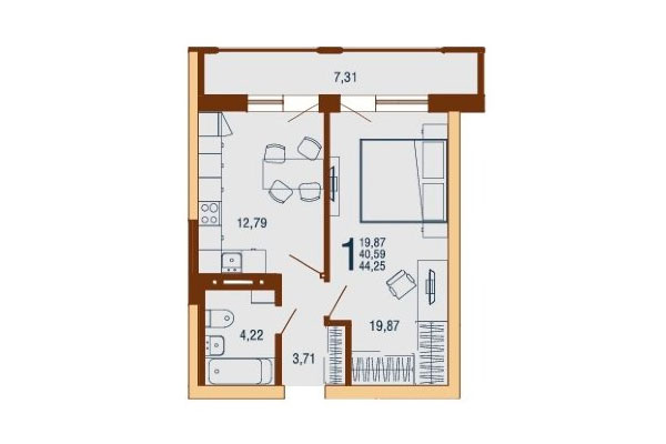 1-комнатная квартира 44,25 м² в Дом на Доватора. Планировка