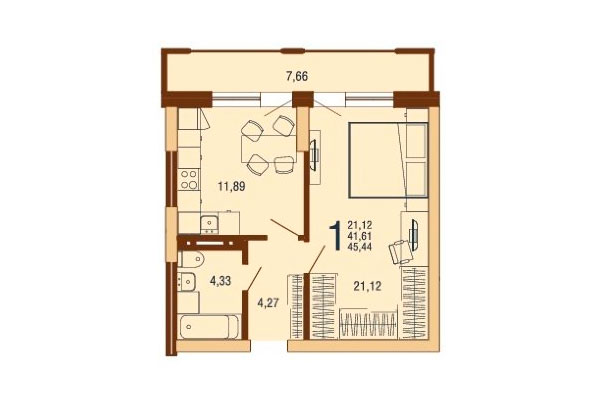 1-комнатная квартира 45,44 м² в Дом на Доватора. Планировка
