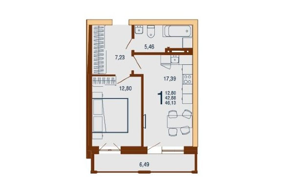 1-комнатная квартира 46,13 м² в Дом на Доватора. Планировка