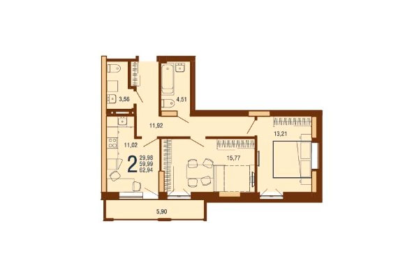 2-комнатная квартира 62,94 м² в Дом на Доватора. Планировка