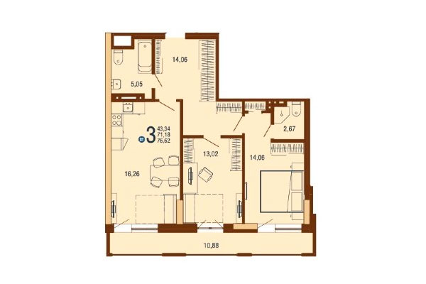 3-комнатная квартира 76,62 м² в Дом на Доватора. Планировка