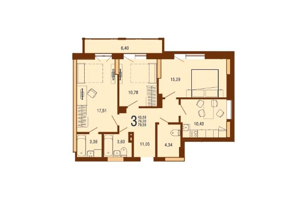 3-комнатная квартира 79,58 м² в Дом на Доватора. Планировка