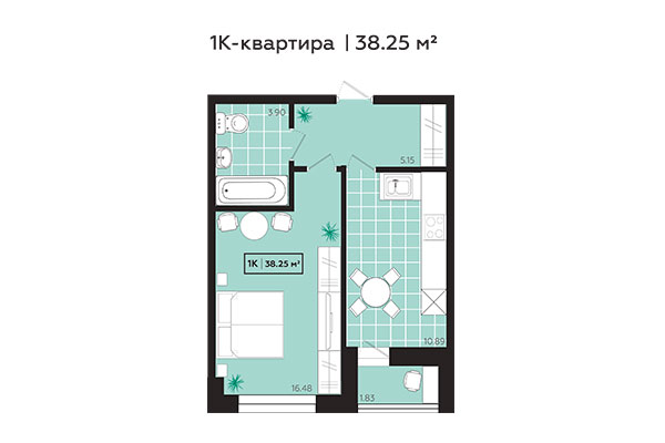 1-комнатная квартира 38,25 м² в ЖК Зоркий. Планировка