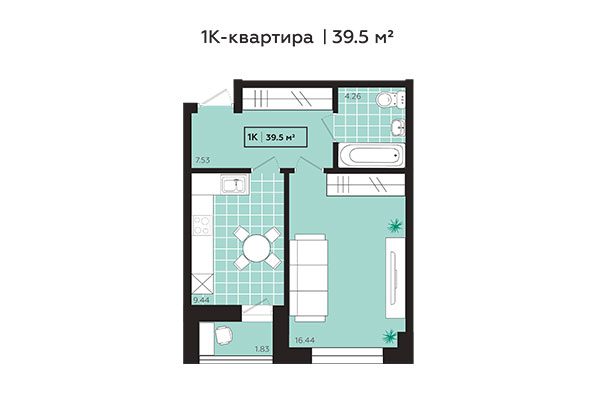 1-комнатная квартира 39,50 м² в ЖК Зоркий. Планировка