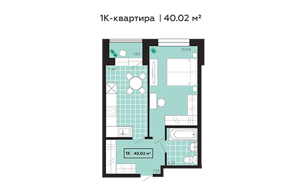 1-комнатная квартира 40,02 м² в ЖК Зоркий. Планировка