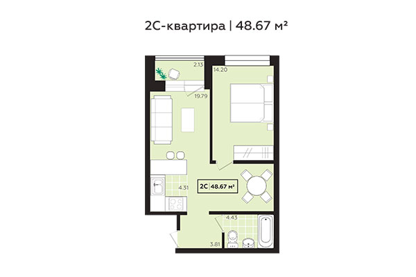 2-комнатная квартира 48,67 м² в ЖК Зоркий. Планировка