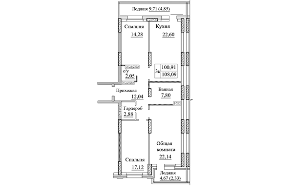 3-комнатная квартира 108,09 м² в ЖК Дом на Дачной. Планировка
