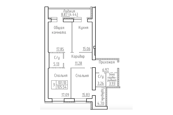 3-комнатная квартира 101,10 м² в ЖК Кольца. Планировка