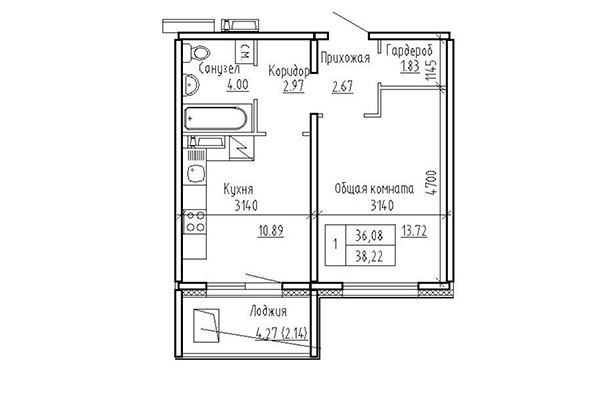 1-комнатная квартира 36,08 м² в ЖК Кольца. Планировка