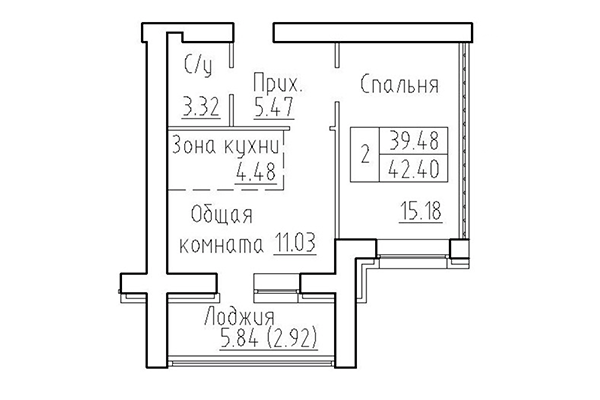 2-комнатная квартира 39,48 м² в ЖК Кольца. Планировка