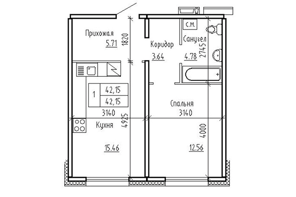 1-комнатная квартира 42,15 м² в ЖК Кольца. Планировка