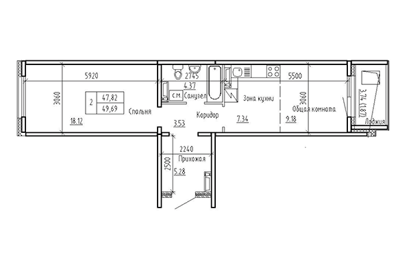 2-комнатная квартира 47,82 м² в ЖК Кольца. Планировка