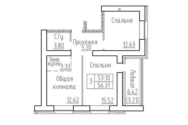 3-комнатная квартира 53,10 м² в ЖК Кольца. Планировка
