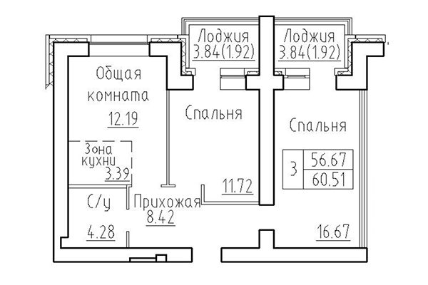 3-комнатная квартира 56,67 м² в ЖК Кольца. Планировка