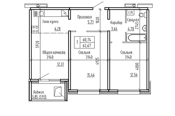 3-комнатная квартира 60,74 м² в ЖК Кольца. Планировка