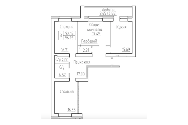 3-комнатная квартира 92,13 м² в ЖК Кольца. Планировка