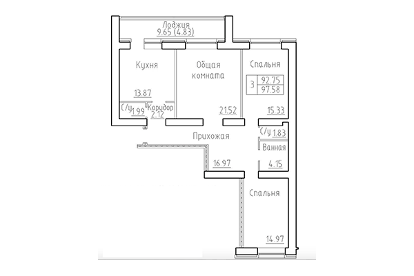 3-комнатная квартира 92,75 м² в ЖК Кольца. Планировка