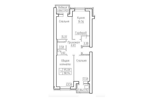 3-комнатная квартира 95,09 м² в ЖК Кольца. Планировка