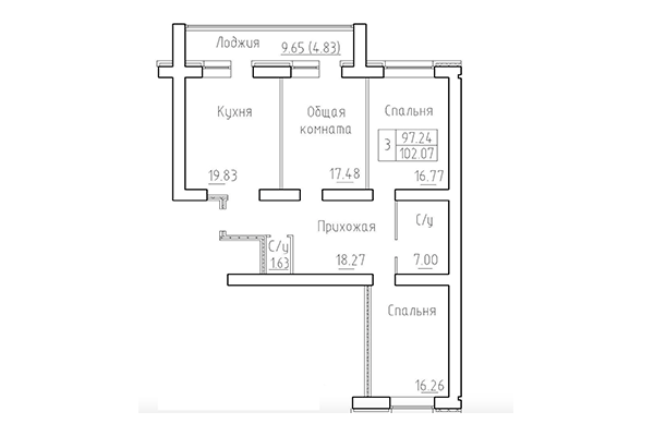 3-комнатная квартира 97,24 м² в ЖК Кольца. Планировка