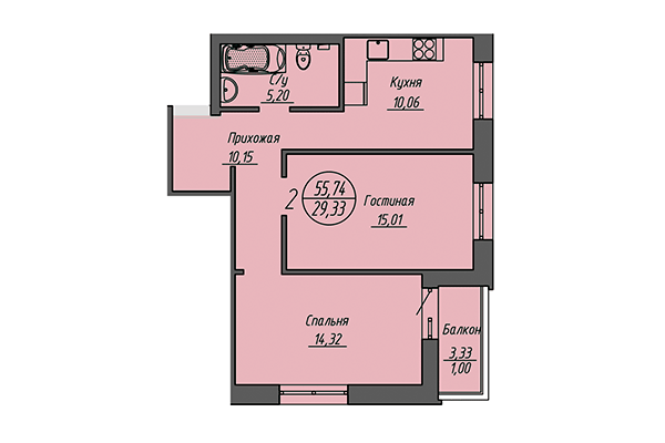 2-комнатная квартира 55,74 м² в ЖК Облака. Планировка