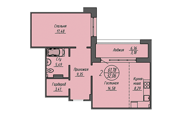 2-комнатная квартира 61,78 м² в ЖК Облака. Планировка
