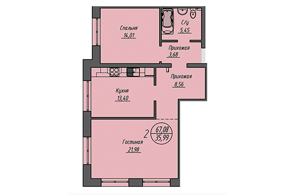2-комнатная квартира 67,08 м² в ЖК Облака. Планировка