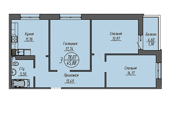 3-комнатная квартира 78,07 м² в ЖК Облака. Планировка