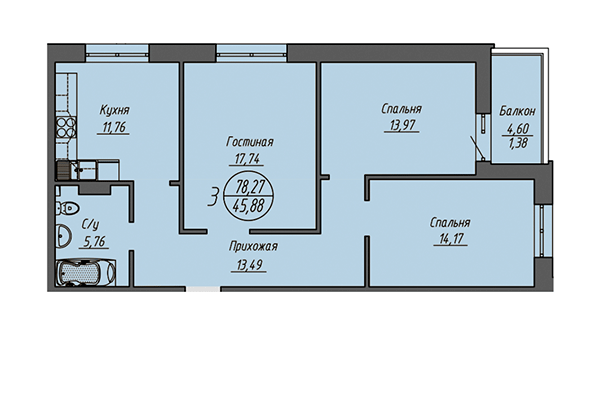 3-комнатная квартира 78,27 м² в ЖК Облака. Планировка
