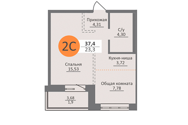 2-комнатная квартира 37,40 м² в ЖК Облака 2. Планировка