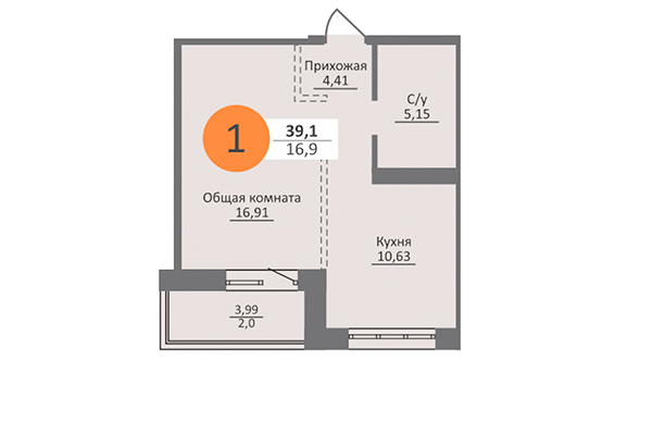 1-комнатная квартира 39,10 м² в ЖК Облака 2. Планировка