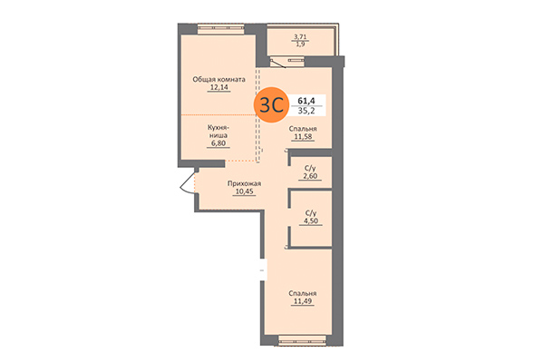 3-комнатная квартира 61,40 м² в ЖК Облака 2. Планировка