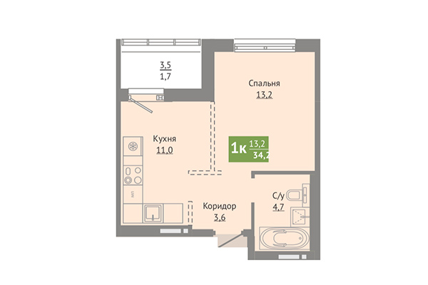 1-комнатная квартира 34,20 м² в ЖК Сосновый бор. Планировка