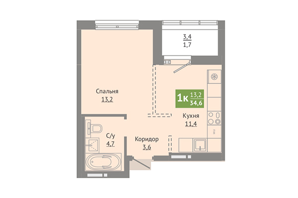 1-комнатная квартира 34,60 м² в ЖК Сосновый бор. Планировка