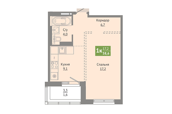 1-комнатная квартира 38,06 м² в ЖК Сосновый бор. Планировка