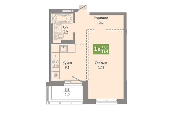 1-комнатная квартира 38,40 м² в ЖК Сосновый бор. Планировка