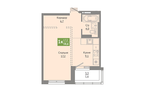 1-комнатная квартира 38,60 м² в ЖК Сосновый бор. Планировка