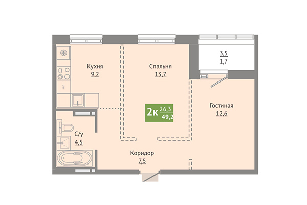 2-комнатная квартира 49,20 м² в ЖК Сосновый бор. Планировка
