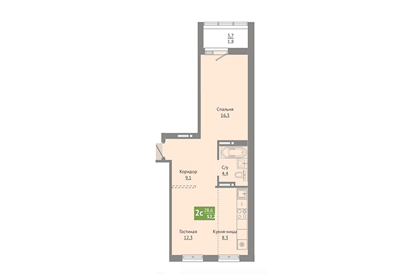 2-комнатная квартира 52,20 м² в ЖК Сосновый бор. Планировка