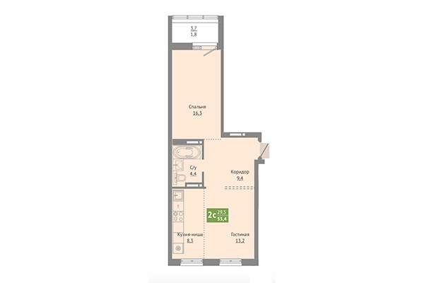 2-комнатная квартира 53,40 м² в ЖК Сосновый бор. Планировка