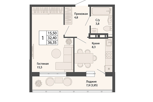 1-комнатная квартира 36,35 м² в ЖК Родина. Планировка